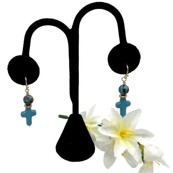 Boutique-Handmade Turquoise Cross Earrings - Picture 1 of 3